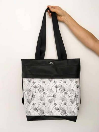 Rucksacktasche 4 in 1 – Kunstleder Pusteblumen schwarz/weiss